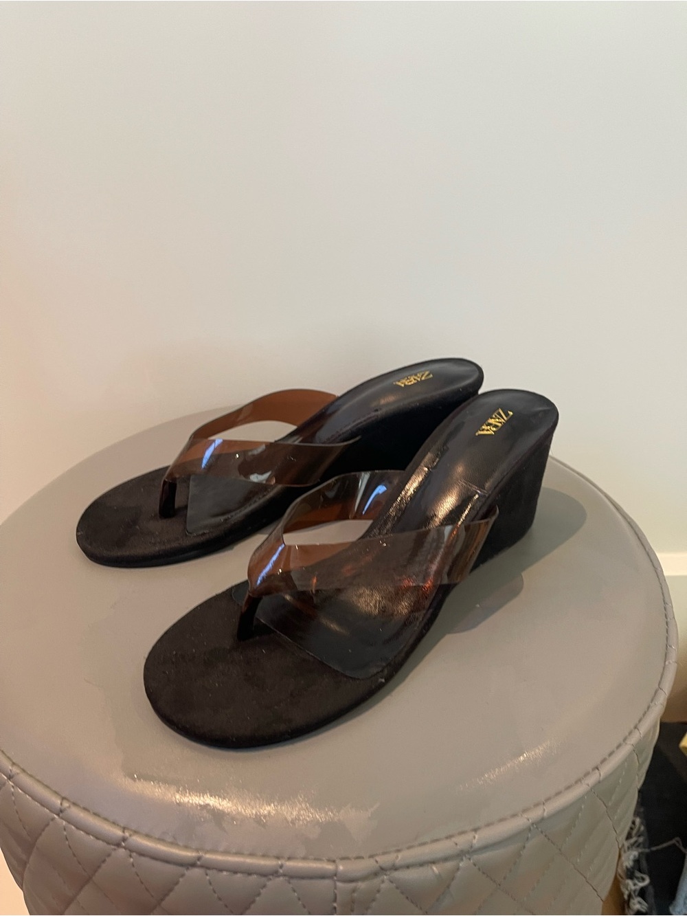 Zara Black Wedge Sandals with Brown Clear Straps